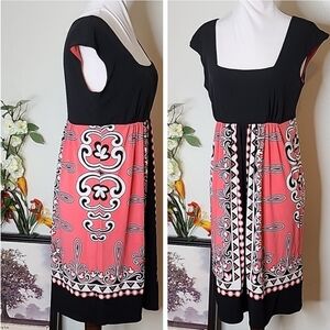 London Times Coral Scroll Abstract Pattern Dress Black Sheath Summer Bohemian